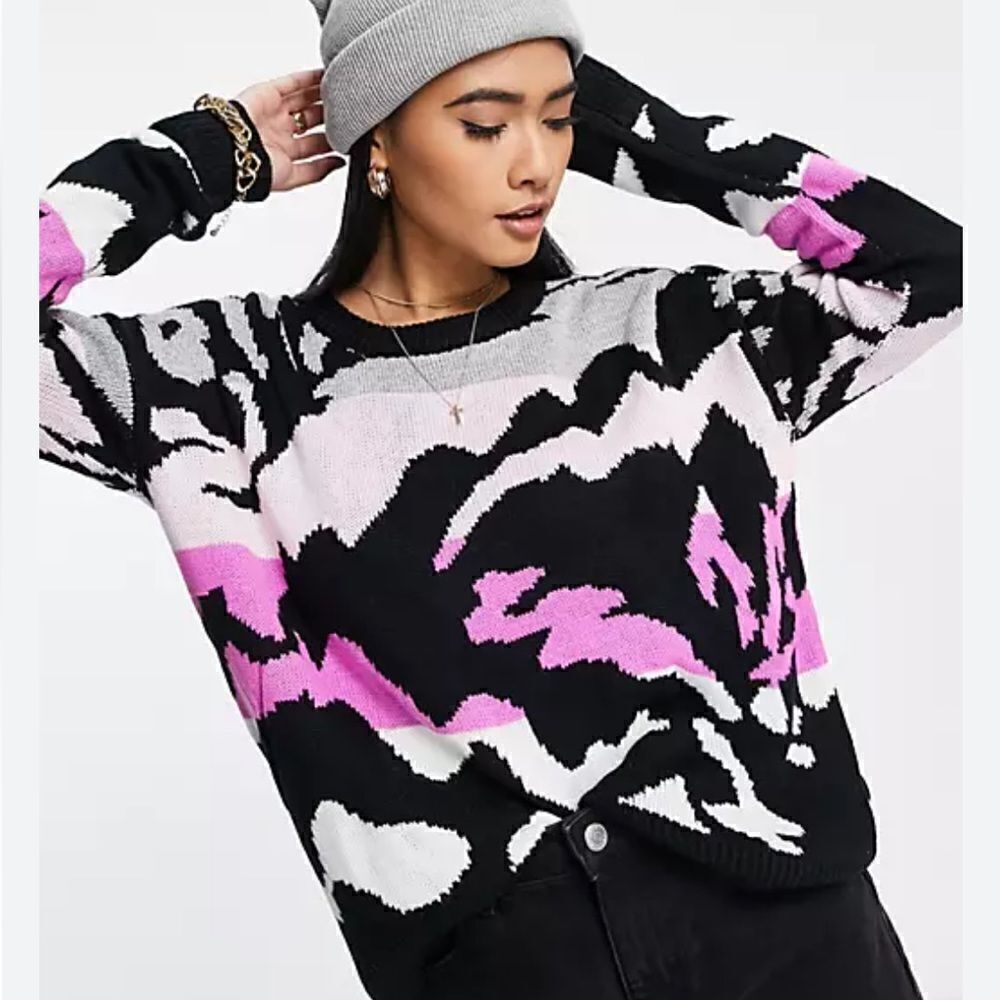 John + Jenn Christopher Camo Sweater Black Purple Relaxed Fit S/M